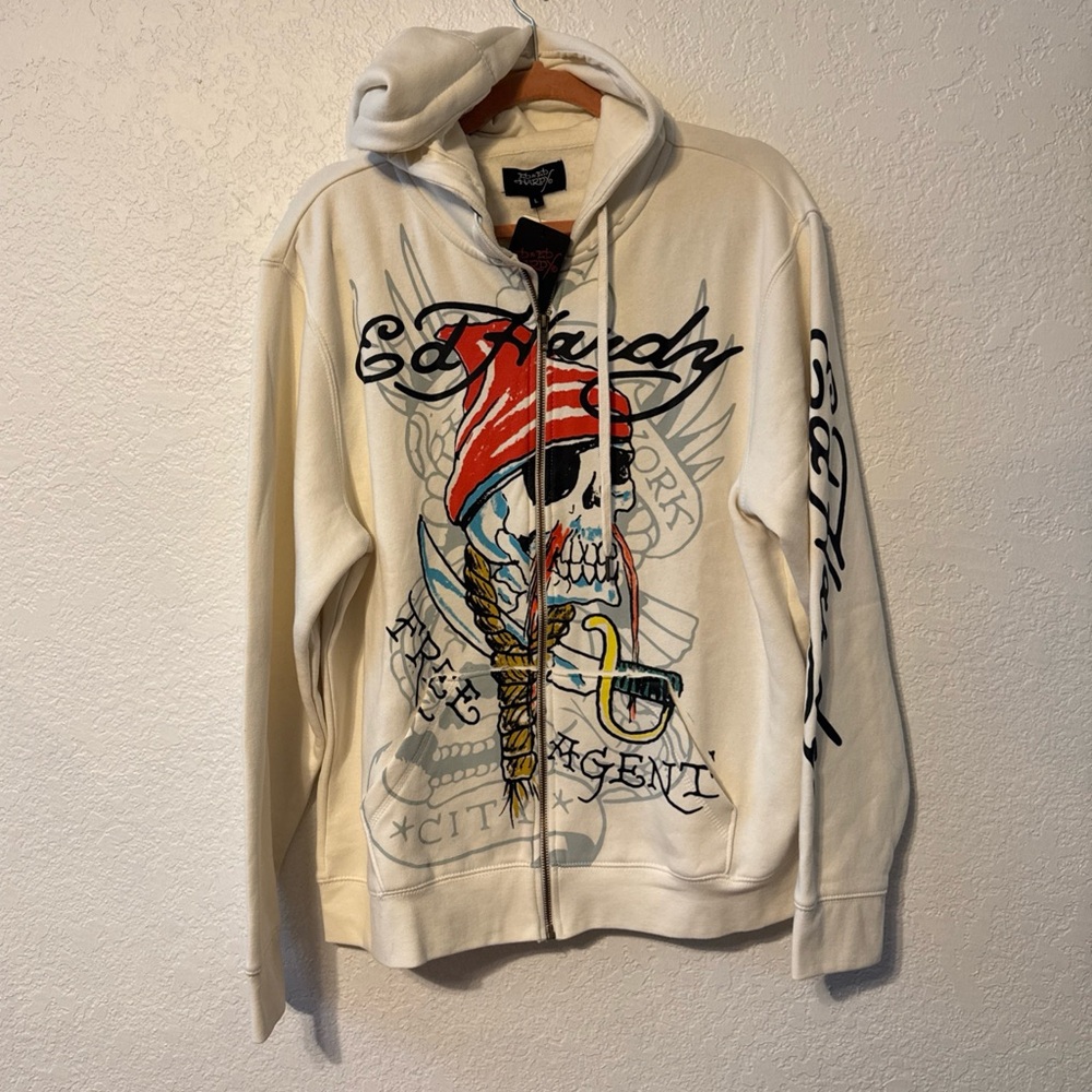 Ed Hardy Skull Graphic Ivory Hoodie  Full Zip Size XL NEW